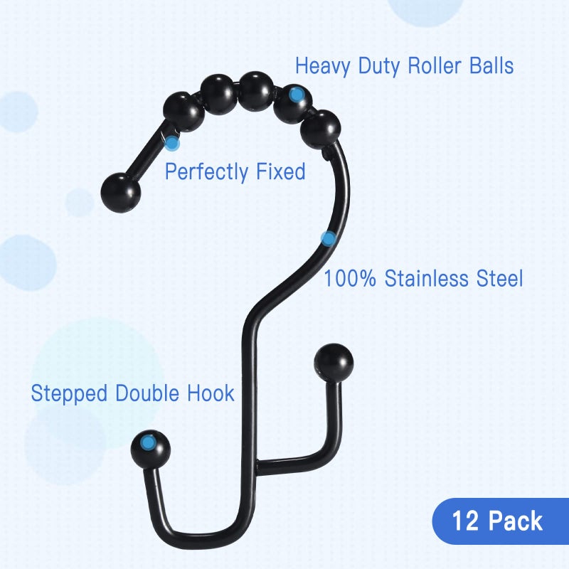 SUTINE Shower Curtain Rings  SUTINE Shower Curtain Hooks  Stainless Steel Black Shower Curtain Hooks Rust Proof  Easy Sliding Double Shower Hooks for Shower Curtains  Curtain & Liners  12pcs-Black - Image 2